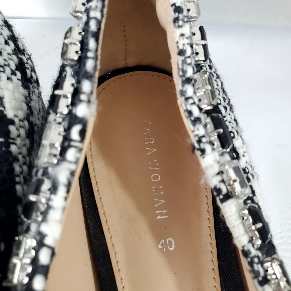 Zara tweed beaded jeweled fabric flat shoes pointed toe size 40EUR - Picture 7 of 12